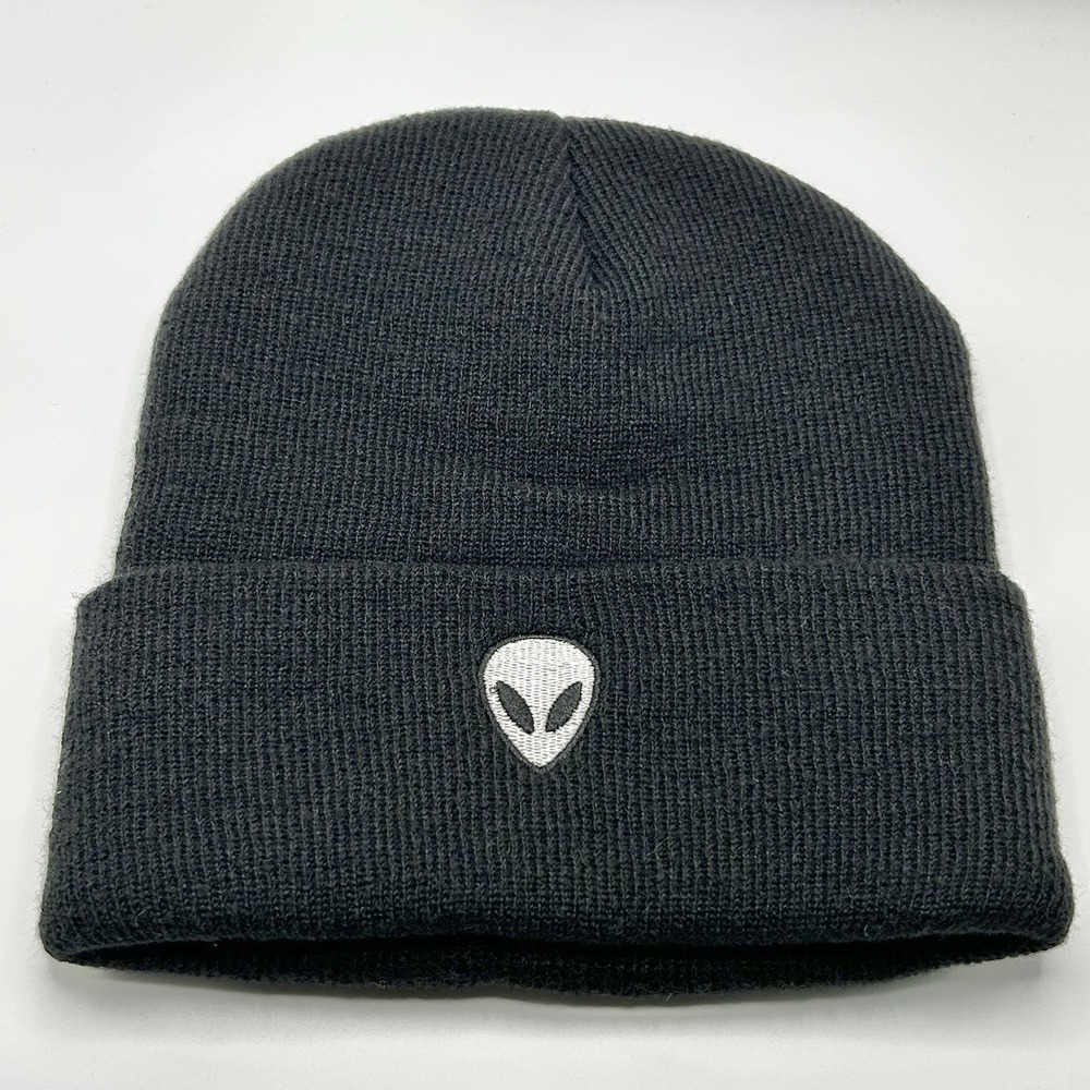 Alien Head White Cartoon Beanie Hat Cap Knit Cuff Black Fashion Casual Outdoors